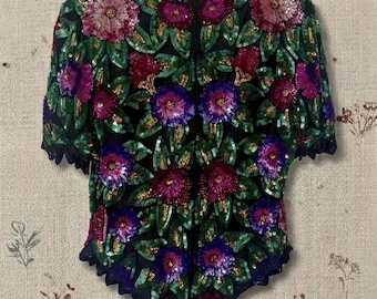 Laurence Kazar Silk Sequin Beaded Top, 80s 90s Floral Scalloped Blouse, Evening Party Wear, Vintage Womens Formal Outfit