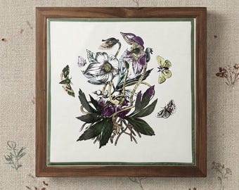 Wood Framed Ceramic Tile Floral Butterfly Cottagecore Fairy Grandmacore Vintage