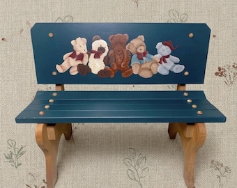 Wooden Kids Bench Hand Painted Teddy Bear Small Wood Child Bench Chair Vintage