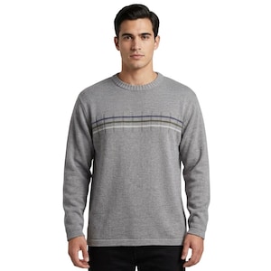 Vintage 90s Quiksilver Knit Sweater XL, Gray Ribbed Crewneck with Chest Stripe, Y2K Skate Surf Dadcore Pullover, Minimalist Streetwear