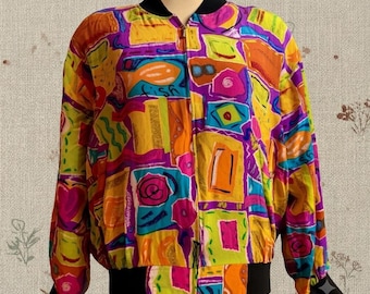 Vintage Spenser Jeremy Bomber Jacket Multicolor Silk Abstract 90s Art Print M