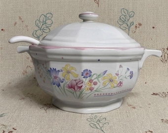 Sarma Studios Victorian Flowers Soup Tureen, 4 Piece Floral Ceramic Set, Cottagecore Dining, Vintage Serving Dish, Wedding Registry Gift