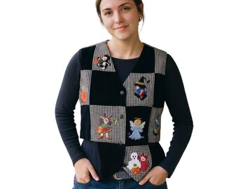 Chaleco de Halloween negro y blanco bordado con fantasma o bruja de otoño, estilo vintage de los 90, talla pequeña