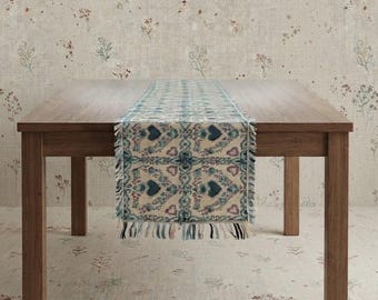 Tapestry Table Runner Woven Fringe Floral Hearts Cottagecore Damask 90s Vintage