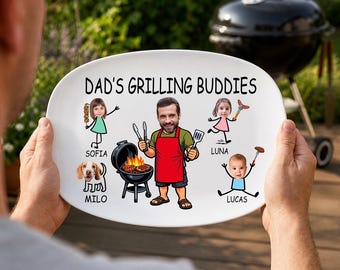 Personalisierte Papas Grilling Buddies Platte, benutzerdefinierte Grillplatte mit Kindernamen und Gesichtern, Vatertagsgeschenk für Papa, Grillmeister Geschenk