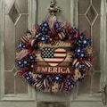 God Bless America Wreath, Patriotic Front Door Decor, 4th of July Burlap Flower Wreath, American Flag Heart Sign, Memorial Day Mesh Wreath
