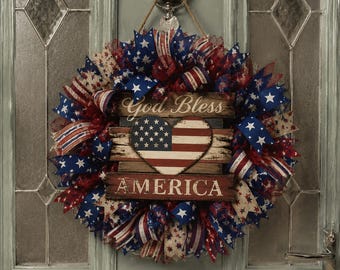 God Bless America Wreath, Patriotic Front Door Decor, 4th of July Burlap Flower Wreath, American Flag Heart Sign, Memorial Day Mesh Wreath
