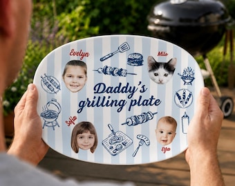 Gepersonaliseerde Daddy's Grilling Plate, Custom BBQ-bord met namen en gezichten van kinderen, Grill Master Dad Plate, Grappig Vaderdagcadeau