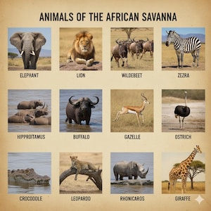 Op de afbeelding: Een collage met afbeeldingen van dieren uit de Afrikaanse savanne, waaronder een olifant, leeuw, zebra, neushoorn, buffel, gazelle, struisvogel, krokodil, luipaard en giraffe. Elk dier is voorzien van een naam.