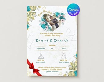 Gold Wedding Invitation Template: Photo, A5/A6 (Editable Canva)