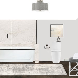 May include: A modern bathroom with a white bathtub, a shower with a black shower head, a white toilet, a gray rug, and a gray stool with white towels.
