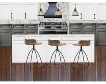 May include: Three wooden bar stools with black metal legs and a white and gray kitchen island in the background.