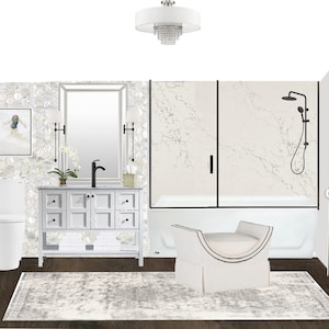 May include: A white bathroom with a white toilet, a white vanity with a mirror, a white bathtub, and a white stool. The walls are tiled with white and gray tiles. The floor is dark brown wood.