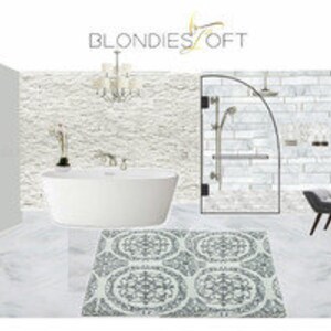 May include: A white freestanding bathtub with a chrome faucet and a white tiled wall behind it. A large chandelier hangs from the ceiling above the tub. A black and white patterned rug is on the floor in front of the tub. A shower with a glass door is in the background.