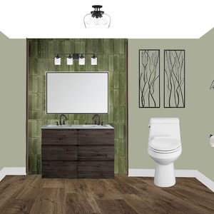 May include: A bathroom with green tile walls, a double vanity with a dark wood cabinet, a white toilet, and a decorative metal wall art piece.