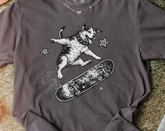 Comfort Colors®skateboardhond Y2K-shirt jaren 90 esthetische vintage puppy Y2K-t-shirt, rockstar gf esthetische hondenshirt, retro grunge-coquetteschaatser