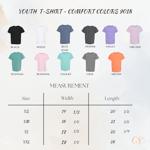 May include: A product image showcasing a variety of youth t-shirts in various colors, including black, white, blue jean, pepper, violet, and orchid. The image also includes a measurement chart with sizes and dimensions in inches.