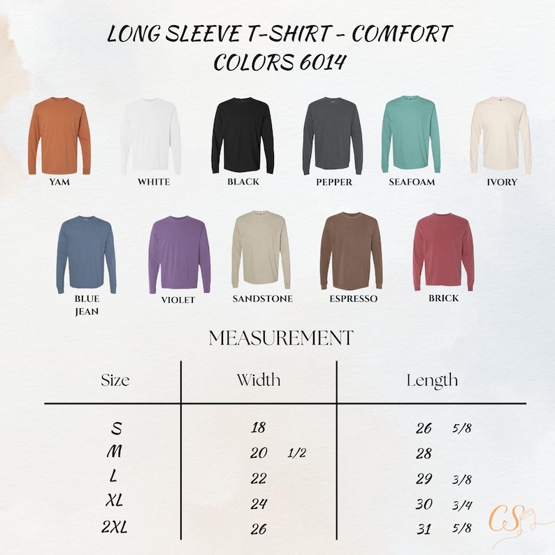May include: A product image showcasing a variety of long-sleeve t-shirts in various colors, including Yam, White, Black, Pepper, Seafoam, Ivory, Blue Jean, Violet, Sandstone, Espresso, and Brick. The image also includes a size chart with measurements in inches.