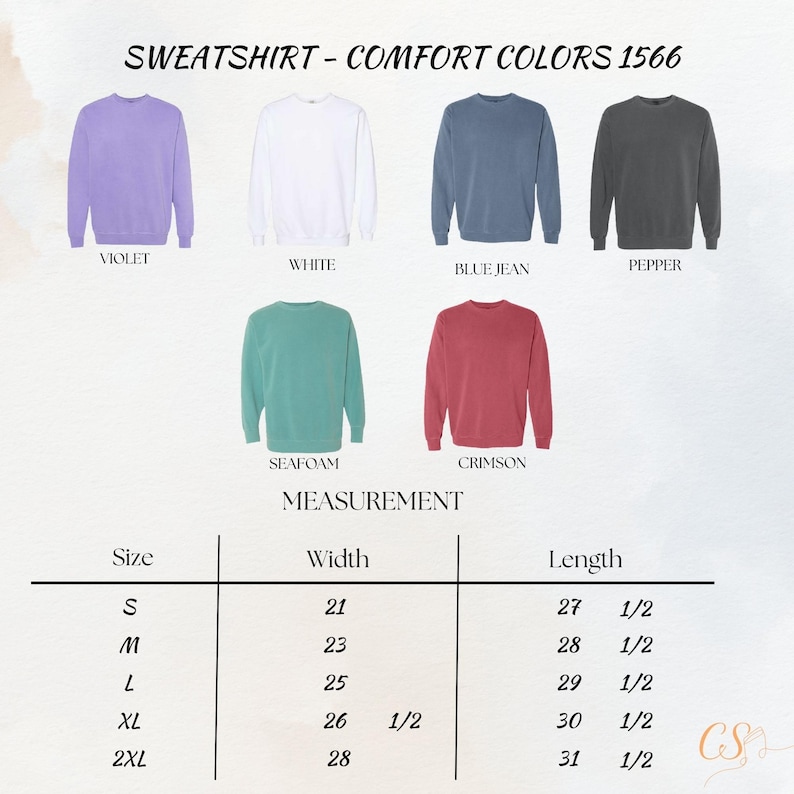 Op de afbeelding: Afbeelding van Comfort Colors sweatshirts in violet, wit, blue jean, peper, zeegroen en karmozijnrood. Een maattabel toont afmetingen in inches, met breedtes van 21 tot 28 inch (53 tot 71 cm) en lengtes van 27,5 tot 31,5 inch (70 tot 80 cm).