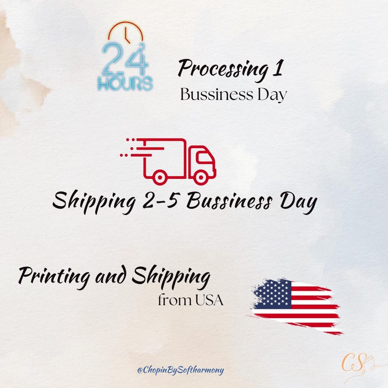 May include: Image with text indicating processing and shipping details. Includes text: "24 HOURS", "Processing 1 Bussiness Day", "Shipping 2-5 Bussiness Day", and "Printing and Shipping from USA". Features a red truck graphic and a US flag.