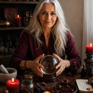 May include: A woman with long gray hair smiles, holding a crystal ball on a wooden stand. The table is adorned with candles, jars, and dried herbs, creating a mystical atmosphere. Red candles and a mortar and pestle are visible.