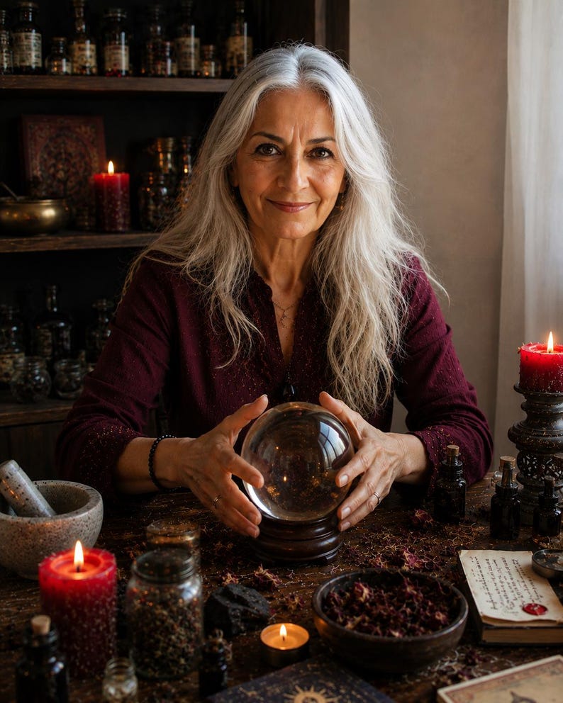 May include: A woman with long gray hair smiles, holding a crystal ball on a wooden stand. The table is adorned with candles, jars, and dried herbs, creating a mystical atmosphere. Red candles and a mortar and pestle are visible.