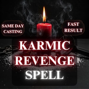 Puede incluir: Una vela roja encendida con humo, con las palabras "Karmic Revenge Spell". La imagen también incluye las frases "Same Day Casting" y "Fast Result."