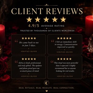 May include: A dark, moody graphic with the text "CLIENT REVIEWS" and a 4.9/5 average rating. The image includes testimonials, candles, roses, and crystals, conveying a theme of spiritual services and rituals.