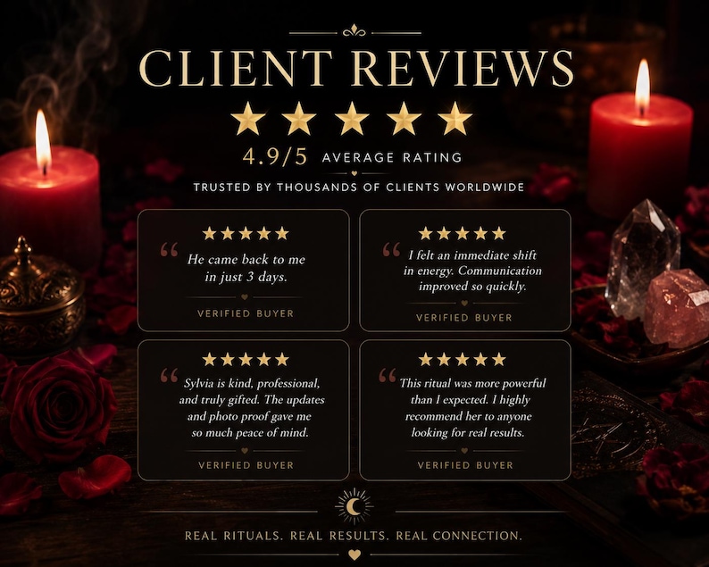May include: A dark, moody graphic with the text "CLIENT REVIEWS" and a 4.9/5 average rating. The image includes testimonials, candles, roses, and crystals, conveying a theme of spiritual services and rituals.