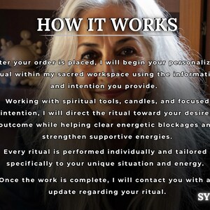 May include: Image with the text "HOW IT WORKS" and a description of a personalized ritual service. The text explains the process, including the use of spiritual tools and focused intention. The name "SYLVIA" is at the bottom.