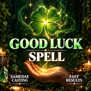 May include: A glowing four-leaf clover floats above an open palm with the text GOOD LUCK SPELL in large white letters. Below, smaller text reads SAMEDAY CASTING and FAST RESULTS, surrounded by green foliage and lit candles.