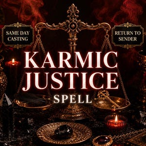 May include: A decorative brass scale of justice centered behind the text KARMIC JUSTICE SPELL, flanked by red roses, black candles, a black feather, a gold key, and a dark stone on a plate, with text boxes reading SAME DAY CASTING and RETURN TO SENDER.