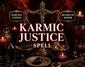 May include: A decorative brass scale of justice centered behind the text KARMIC JUSTICE SPELL, flanked by red roses, black candles, a black feather, a gold key, and a dark stone on a plate, with text boxes reading SAME DAY CASTING and RETURN TO SENDER.