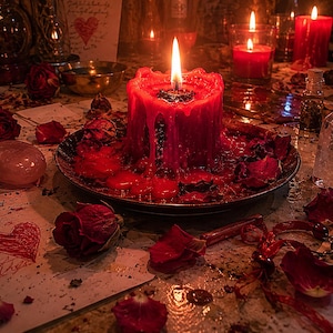 May include: A lit red candle with melting wax sits on a small plate, surrounded by dried rose petals and a pink crystal. Other lit candles and a drawing of a heart are visible in the background, creating a mystical ambiance.