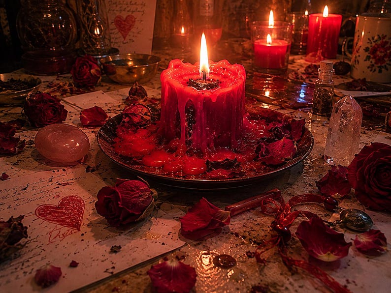 May include: A lit red candle with melting wax sits on a small plate, surrounded by dried rose petals and a pink crystal. Other lit candles and a drawing of a heart are visible in the background, creating a mystical ambiance.