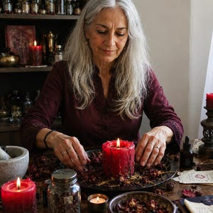 May include: A woman with long gray hair is arranging a large red candle on a table. The table is covered with dried rose petals, candles, and jars. The scene suggests a mystical or spiritual theme, with a focus on ritual and natural elements.