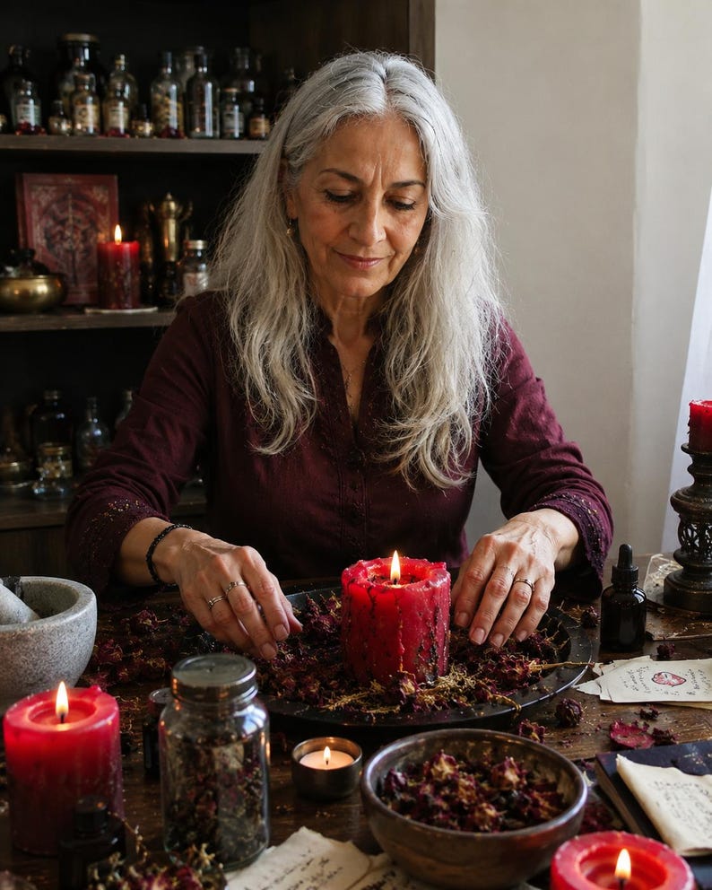 May include: A woman with long gray hair is arranging a large red candle on a table. The table is covered with dried rose petals, candles, and jars. The scene suggests a mystical or spiritual theme, with a focus on ritual and natural elements.
