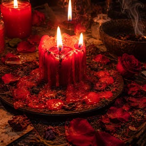 May include: A mystical scene featuring lit red candles, rose petals, and small glass bottles. A large, melted candle with three flames is the focal point, surrounded by other candles and a bowl with smoke.