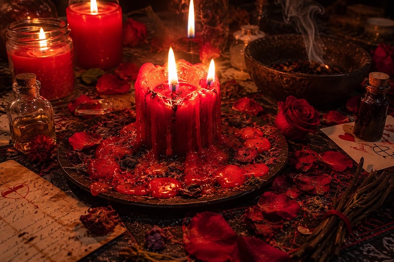 May include: A mystical scene featuring lit red candles, rose petals, and small glass bottles. A large, melted candle with three flames is the focal point, surrounded by other candles and a bowl with smoke.