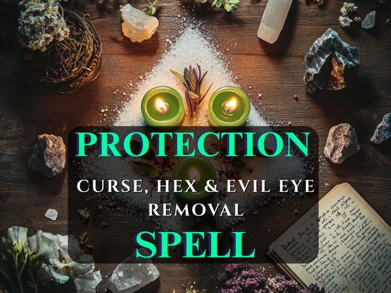 May include: A wooden table setting with lit green candles, crystals, and the text "PROTECTION CURSE, HEX & EVIL EYE REMOVAL SPELL." The arrangement includes a small woven basket, dried flowers, and a handwritten book.