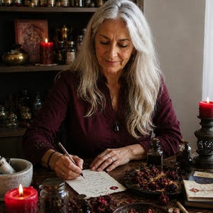 May include: A woman with long gray hair writes at a wooden table, surrounded by candles, jars, and bottles. The table is covered with dried flowers and herbs. A mortar and pestle sit nearby, suggesting a theme of herbalism or potion-making.