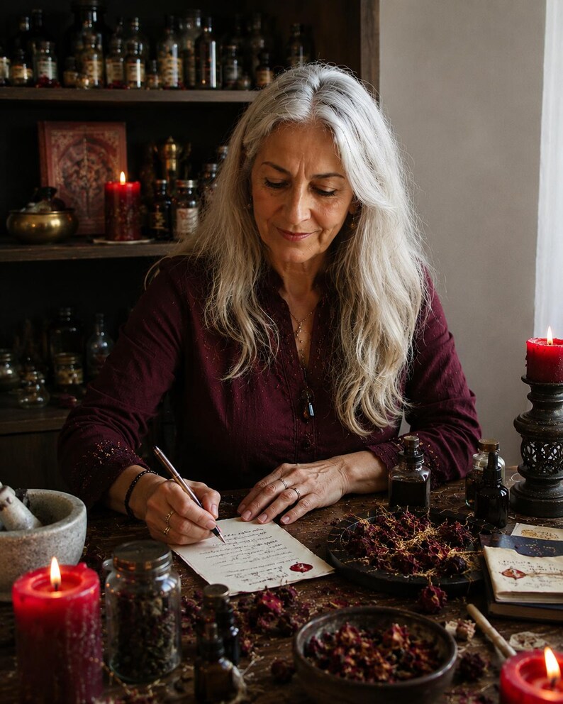 May include: A woman with long gray hair writes at a wooden table, surrounded by candles, jars, and bottles. The table is covered with dried flowers and herbs. A mortar and pestle sit nearby, suggesting a theme of herbalism or potion-making.
