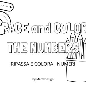May include: Black and white educational worksheet with the text "TRACE and COLOR THE NUMBERS". The number 5 is shown with dotted lines for tracing. A pencil holder with pencils is on the right.