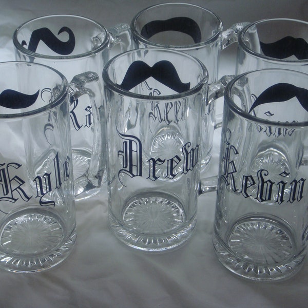 Gift for Groomsmen Mustache Beer mugs, Set of 6 Mix or Match Personalized Mustache Beer Mugs with Names
