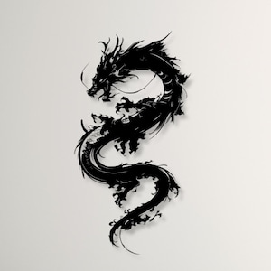 May include: A black dragon wall decoration. The dragon is presented in a flowing, detailed design, mounted on a white wall. The artwork is above a white sofa. The dragon's form is dynamic and elegant, adding a touch of mythical charm.