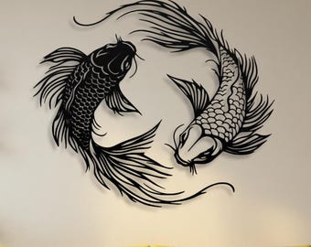 Cuadro de metal con forma de pez koi: Decoración de pared Yin Yang