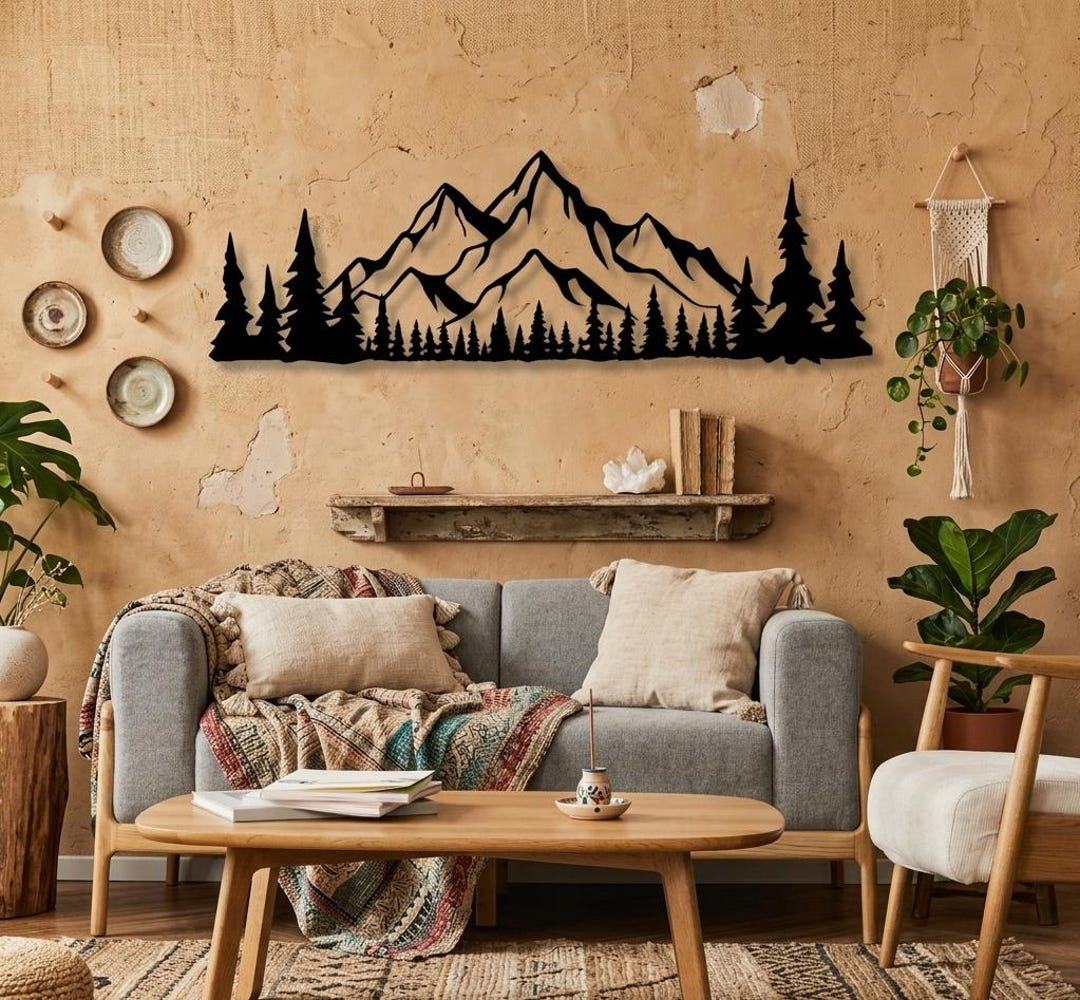 Mountain Forest Metal Wall Art – Minimalist Tree Landscape Decor ...