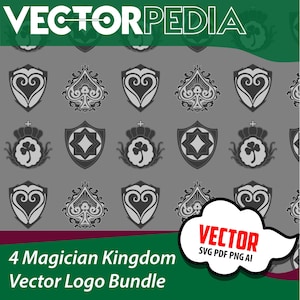May include: A gray background with repeating shield and emblem designs. The image includes the text "VECTORPEDIA" at the top and "4 Magician Kingdom Vector Logo Bundle" at the bottom. A white speech bubble contains the word "VECTOR".