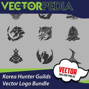 May include: A collection of black vector logos on a gray background. The logos feature various stylized designs, including a dragon, crossed swords, and a phoenix. The image includes the text "VECTORPEDIA" and "Korea Hunter Guilds Vector Logo Bundle."