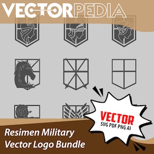 May include: A set of grey vector military logos, featuring shield designs with profiles, a horse, a rose, and stylized wings. The image includes the text "VECTORPEDIA" and "Resimen Military Vector Logo Bundle".